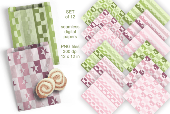 Pink Green Stars Squares Digital Papers